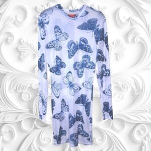 Guess Sheer White Long Sleeve Dress With Blue Butterflies Size Large